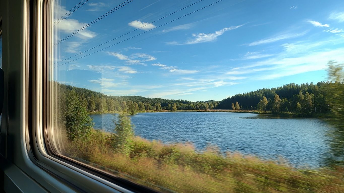 Вид из окна поезда озеро и лес